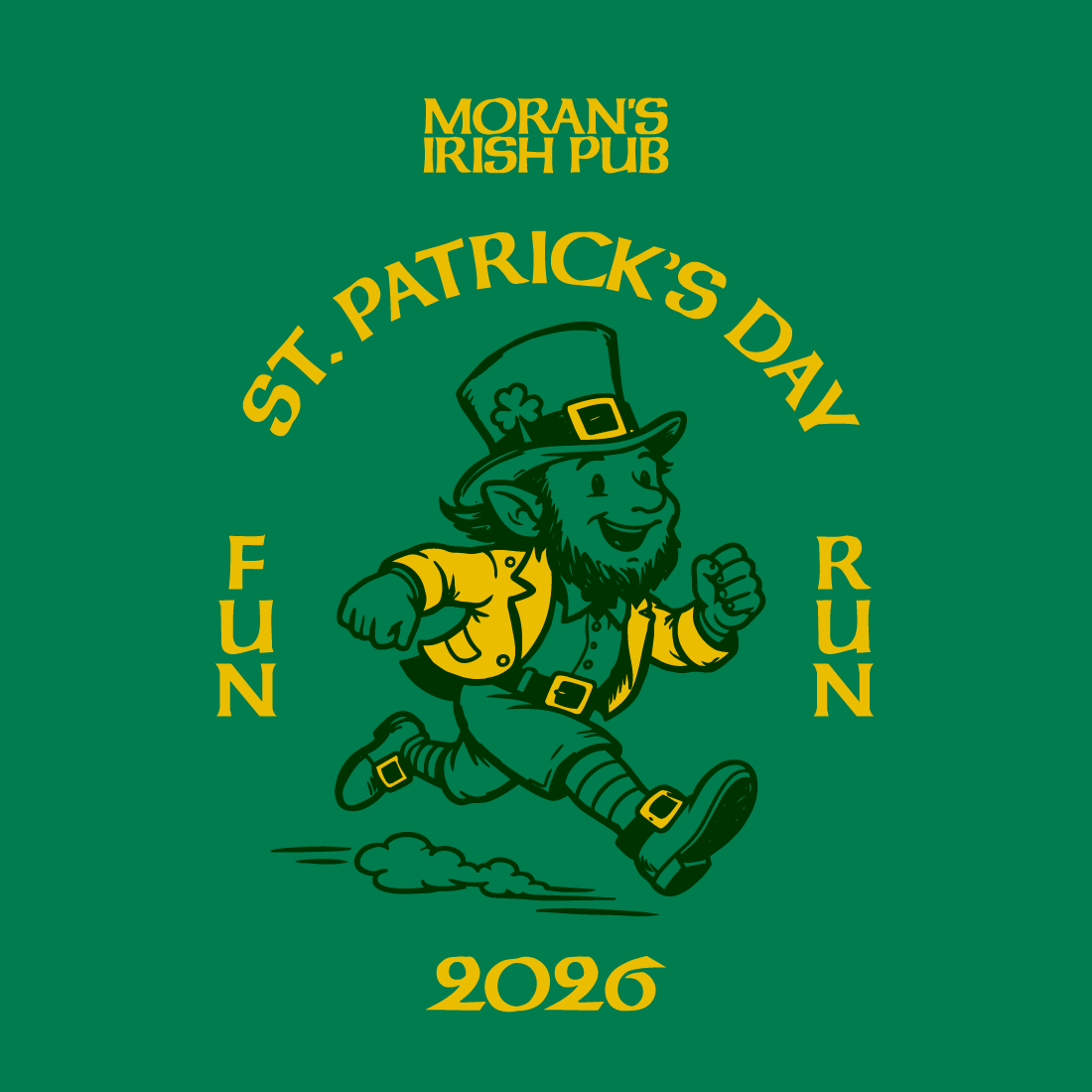 Moran's Irish Pub St. Patrick's Day Fun Run 2026 — Running leprechaun artwork